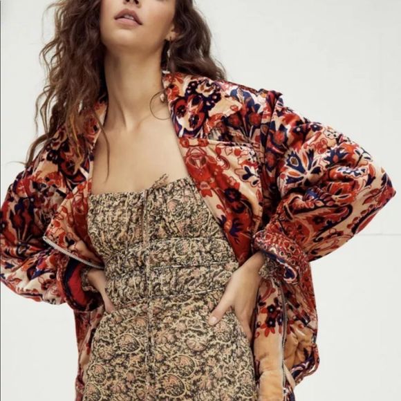 Free People Jackets & Blazers - Free People Bailey Velvet Moto Jacket Moroccan Print Red Blue Orange Gold